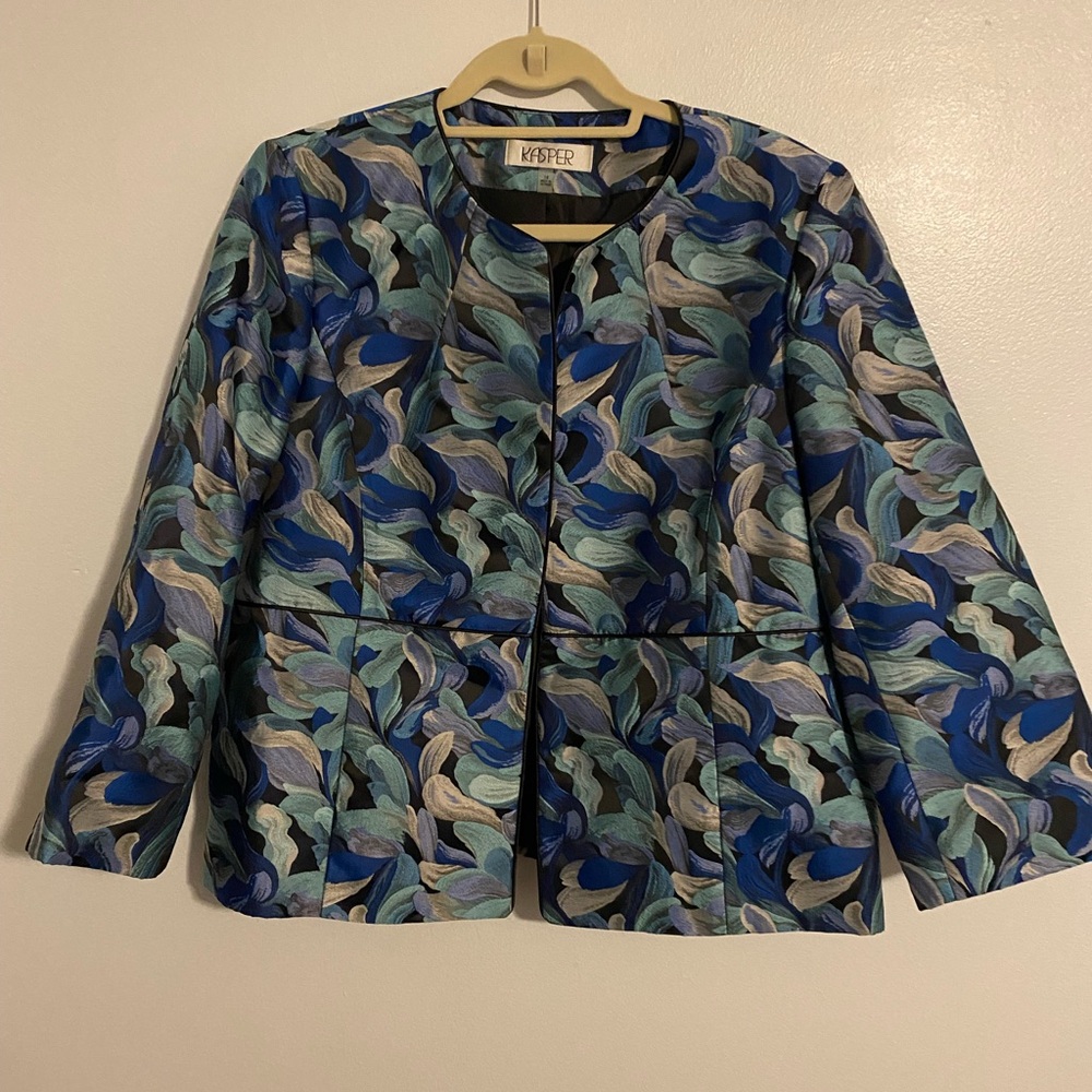 Kasper size 14 blazer open front blue 3/4 sleeve